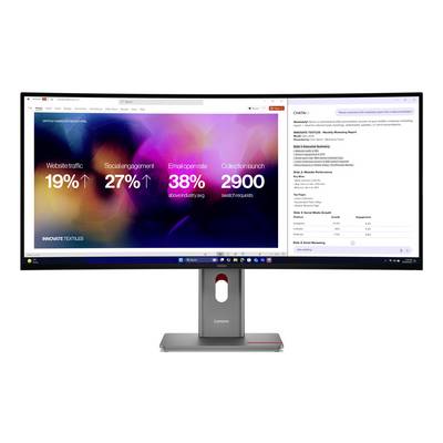 Lenovo-Monitor zeigt ein Analytics-Dashboard mit Website-Verkehr, Social-Media-Engagement, E-Mail-Öffnungsrate und Metriken zum Sammlungsstart neben einem Berichtsfenster an.