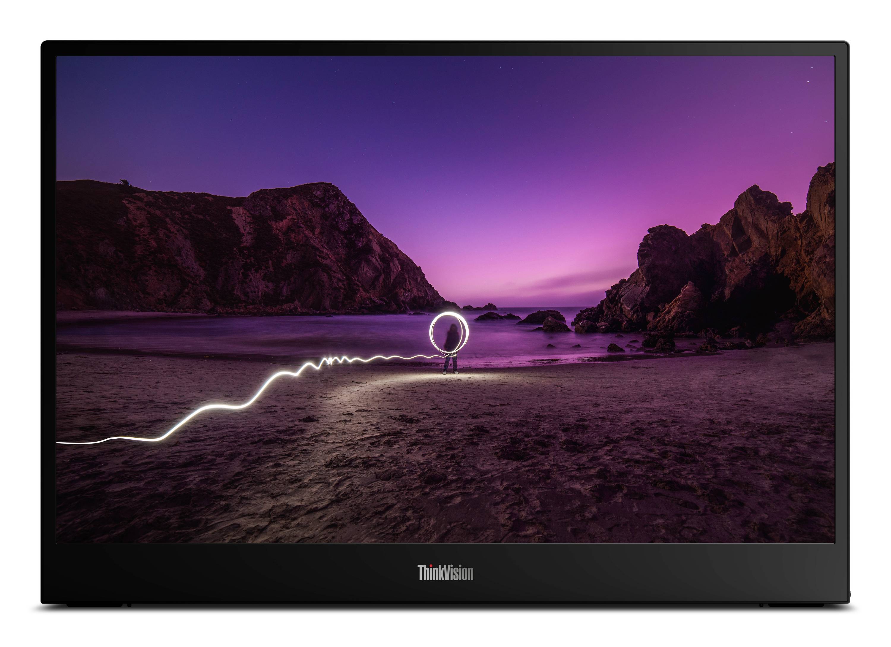 ThinkVision Monitor zeigt eine violette Dämmerungsstrandszene mit einer leuchtenden Lichtspur und einem Ring am Ufer an.