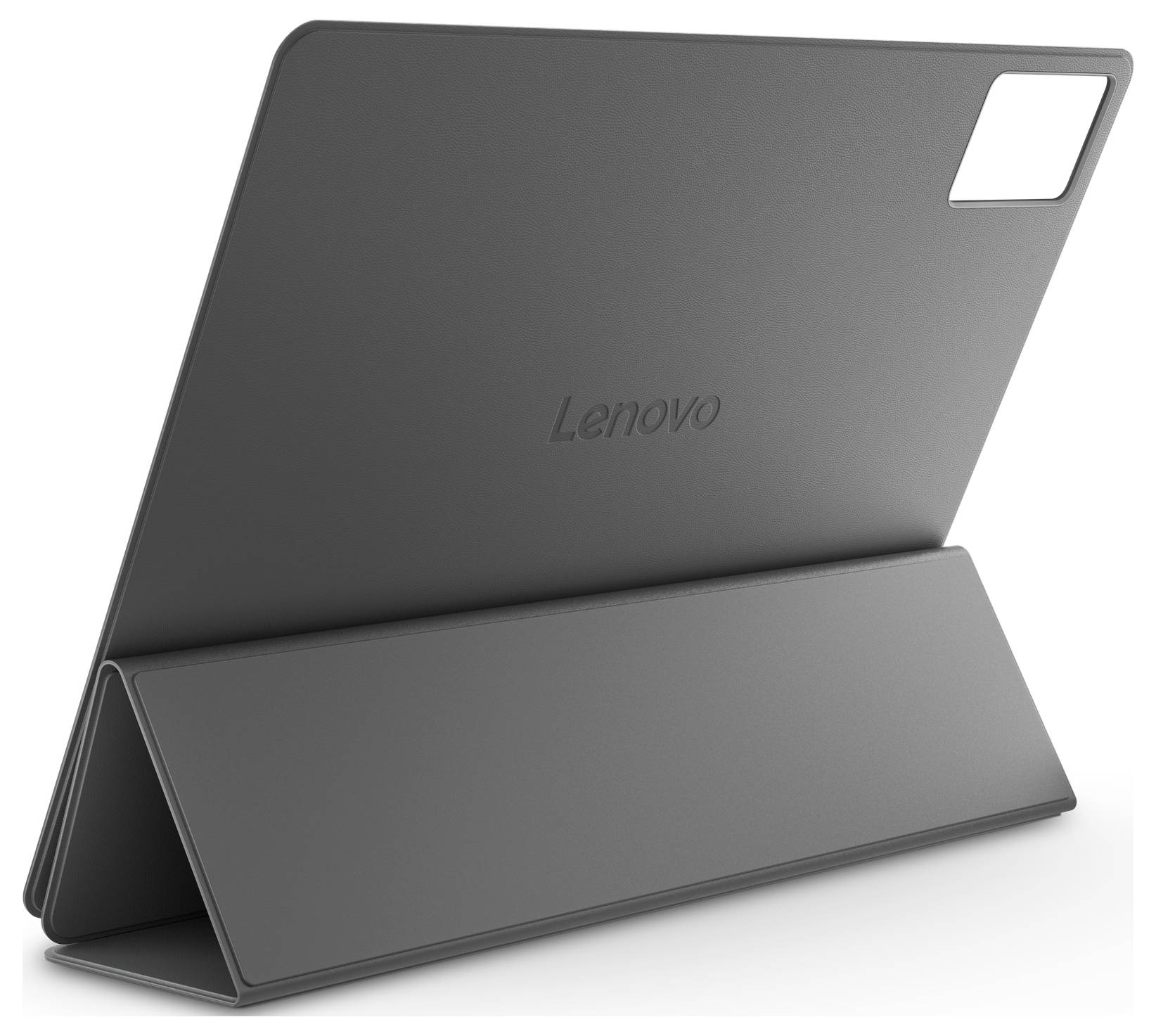 Graues Lenovo-Tablet, von hinten gezeigt, in einem faltbaren Schutzetui mit Ständerfunktion, mit Kameraaussparung oben rechts.