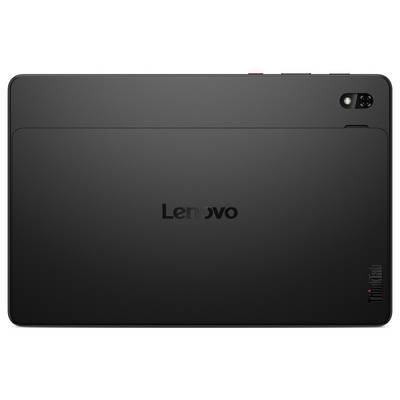 Rückansicht eines schwarzen Lenovo-Tablets mit Rückkamera in der oberen rechten Ecke und einem kleinen roten Stylus in der Nähe der oberen Kante.