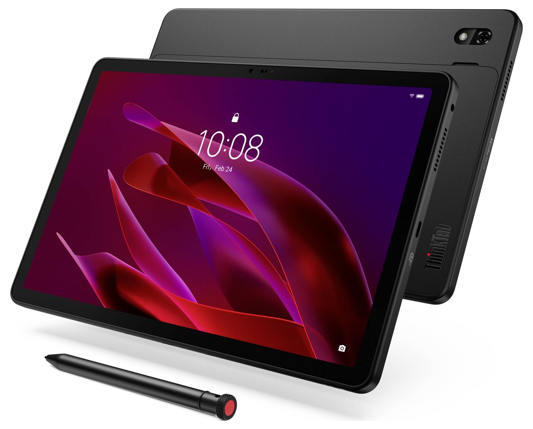 Schwarzes Tablet mit Stift von vorne und hinten gezeigt, mit roten abstrakten Hintergrund und 10:08 Sperrbildschirm angezeigt.