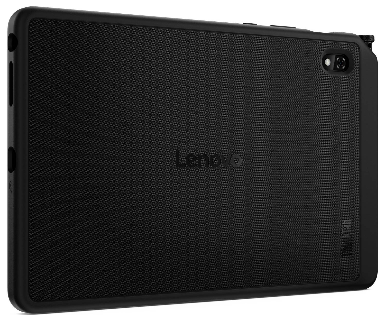 Rückansicht eines schwarzen Lenovo ThinkPad-Tablets mit rückseitiger Kamera und strukturierter Schutzhülle.