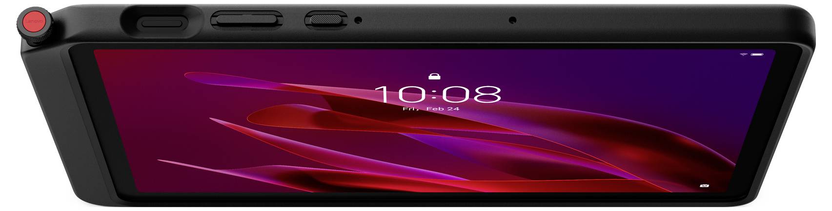 Schwarzes Tablet in einem robusten Schutzgehäuse, das eine farbenfrohe abstrakte Tapete und die Uhrzeit 10:08 auf dem Bildschirm zeigt.