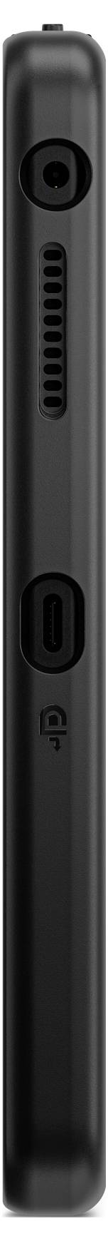 Seitenansicht eines schwarzen Geräts mit einer zentralen Kameraobjektiv, vertikalem Lautsprechergitter und einem USB-C-Anschluss in der Nähe des unteren Endes.