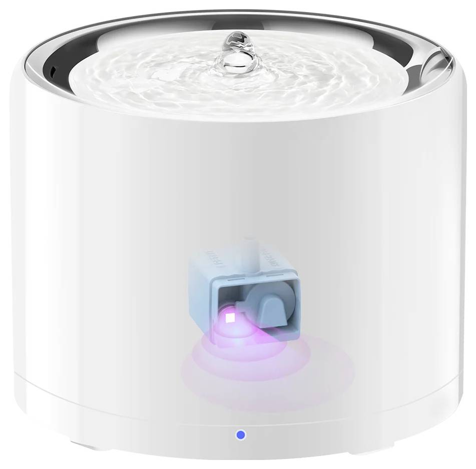 Weißer zylindrischer Luftbefeuchter mit Wassertank, oberer Nebelauslass und leuchtender Sensor-/Leuchte an der Vorderseite.