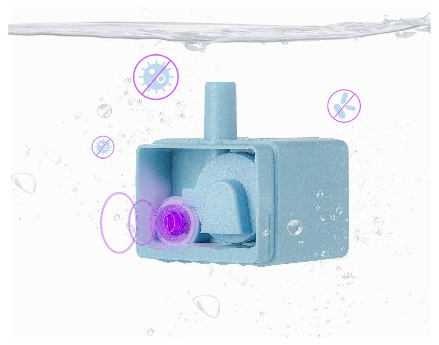 Blauer Unterwasserkamerafilter oder Schnorchel-Gesichtsmaske mit lila Icons, die anzeigen, dass keine Bakterien oder Keime im Wasser vorhanden sind