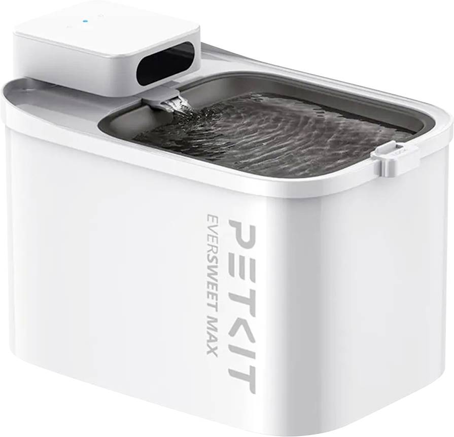 Weiße PETKIT Eversweet Max Haustierwasserfontäne mit oben angebrachter Pumpe und sichtbarem fließendem Wasser im Becken.