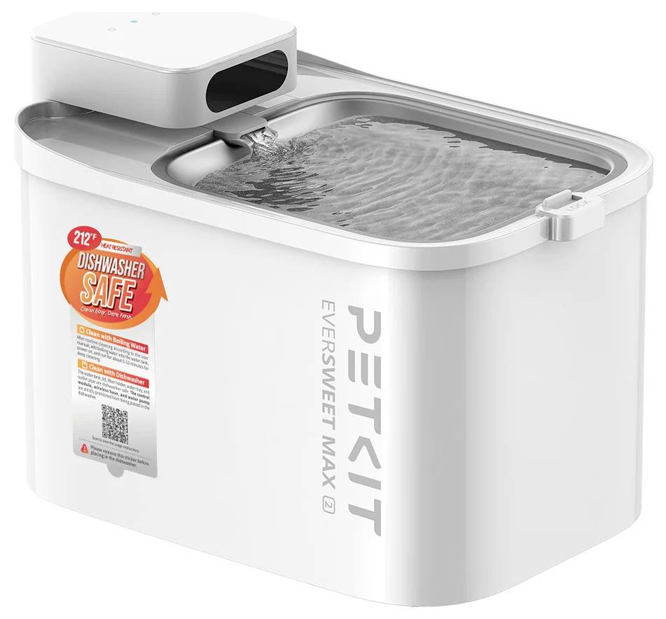 Weiße Petkit EverSweet Max 2 automatische Haustierwasserbrunnen mit offenem Wasserbecken und "Spülmaschinenfest"-Etikett.