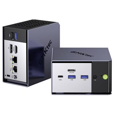 Zwei kompakte GMKtec Mini-PCs in Schwarz und Silber, die Vorder- und Seitenports zeigen, einschließlich USB, HDMI, Ethernet und Netztaste.