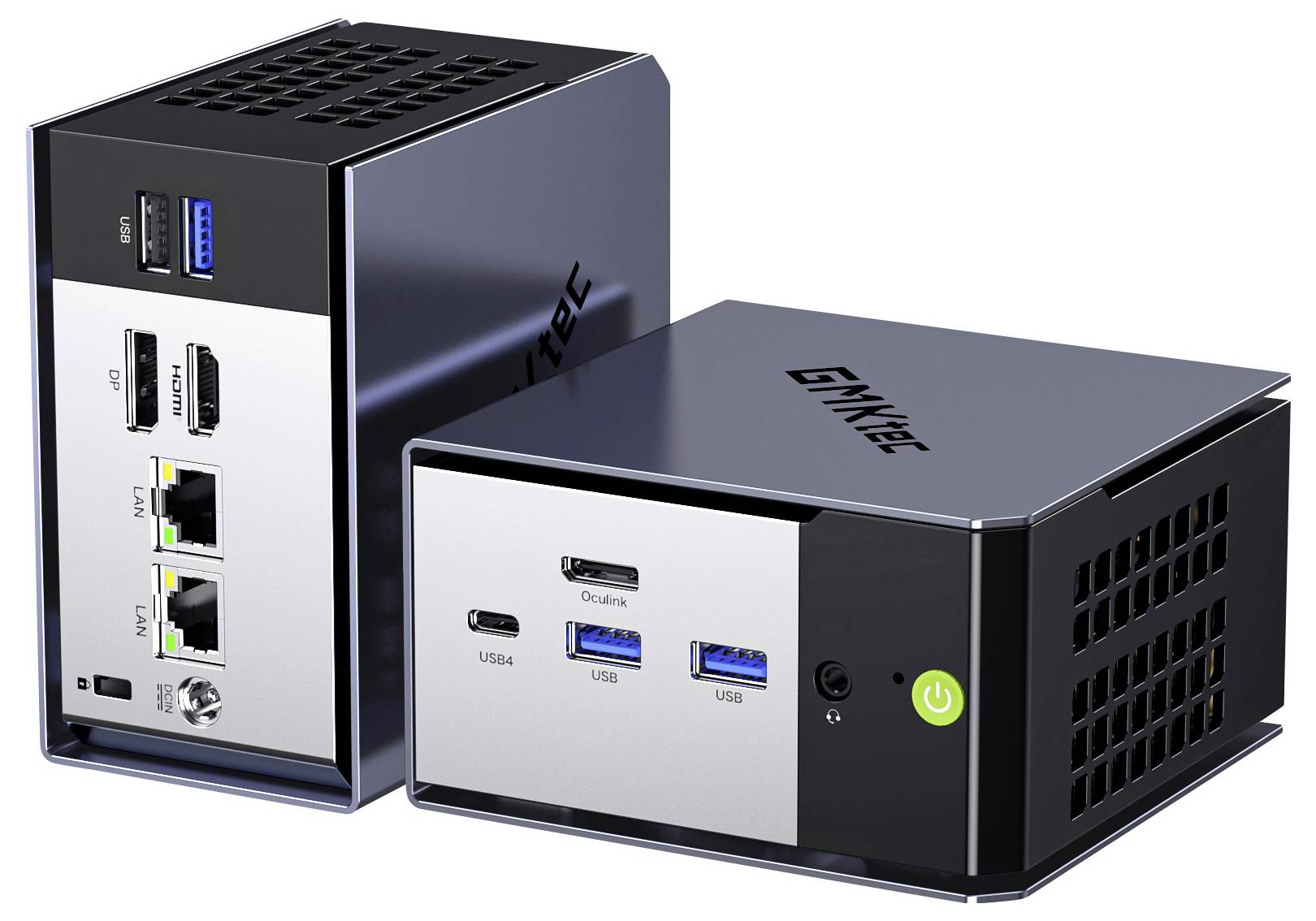 Zwei kompakte schwarze Mini-PCs unter verschiedenen Winkeln dargestellt, wobei die vorderen und hinteren Anschlüsse hervorgehoben werden, einschließlich USB, HDMI, Ethernet und Netzschalter.
