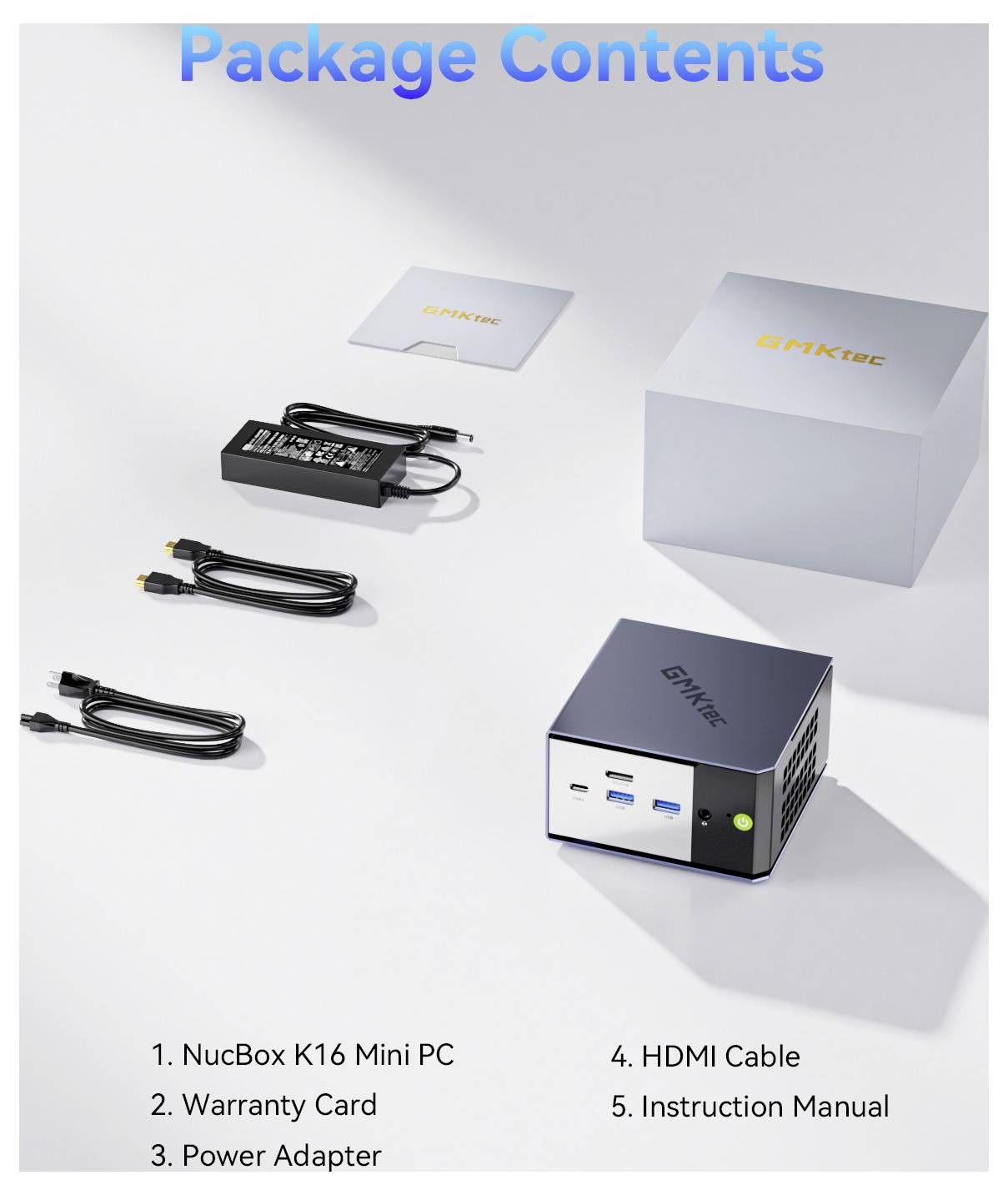 Paketinhalt auf dem Bild zeigt einen NucBox K16 Mini-PC mit Netzteil, HDMI-Kabel, Garantiekarte, Bedienungsanleitung und Verpackungsbox.