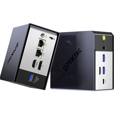 Zwei GEEKTEK Mini-PCs, von vorne und hinten gezeigt, mit Ethernet-Anschlüssen, USB-Anschlüssen, HDMI und einem Netzschalter.