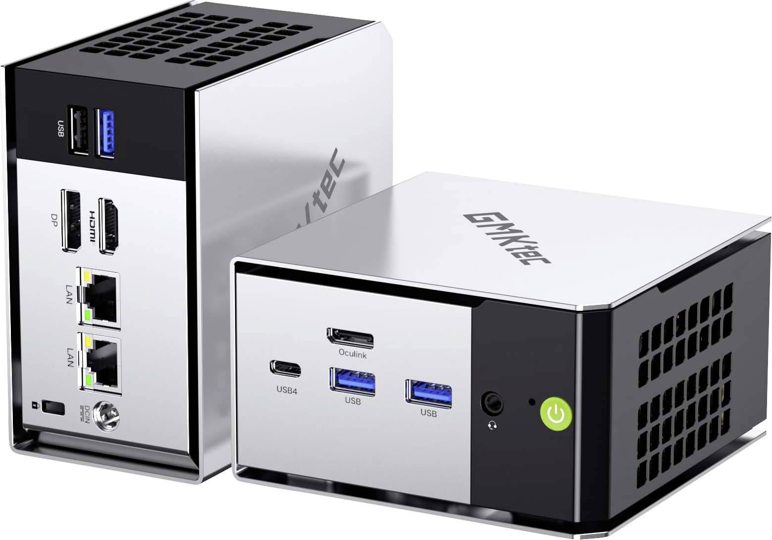 Zwei kompakte silbern-schwarze Mini-PCs nebeneinander gezeigt, mit Vorder- und Rückansichten der Anschlüsse einschließlich USB-C, USB, HDMI, Ethernet und eines Netzschalters.