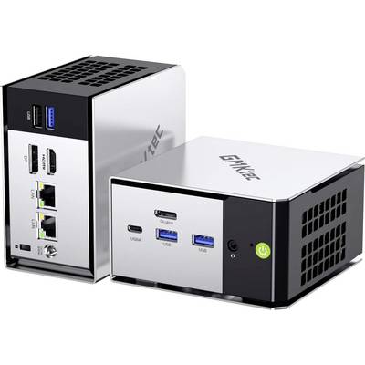 Zwei kompakte silbern-schwarze Mini-PCs nebeneinander gezeigt, mit Vorder- und Rückansichten der Anschlüsse einschließlich USB-C, USB, HDMI, Ethernet und eines Netzschalters.