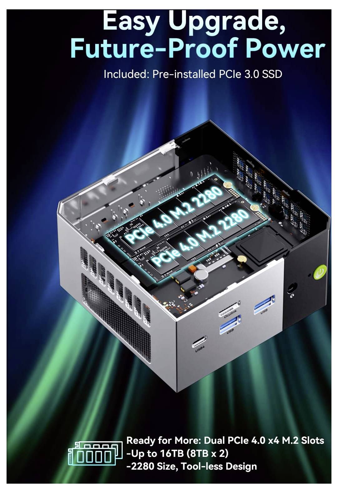 Werbebild eines kompakten PCs mit zwei PCIe 4.0 M.2 2280 SSD-Steckplätzen, mit dem Text „Einfaches Upgrade, zukunftssichere Leistung" und „Im Lieferumfang enthalten: Vorinstallierte PCIe 3.0 SSD".