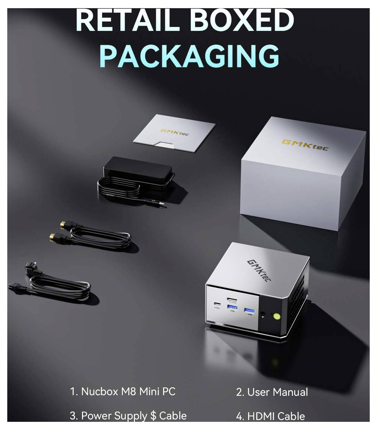 Retail-Verpackung für einen Gmktec Nucbox M8 Mini-PC mit dem Mini-PC, Benutzerhandbuch, Stromversorgung und Kabel sowie HDMI-Kabel.
