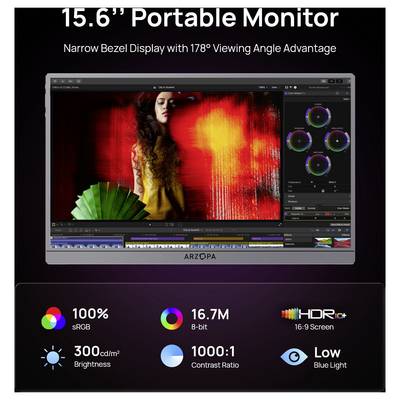 Werbegrafikk für einen tragbaren 15,6-Zoll-Monitor mit Bildschirmdarstellung und aufgelisteten Funktionen: 100% sRGB, 16,7 Millionen Farben, HDR, 300 cd/m² Helligkeit, 1000:1 Kontrast und niedriges Blaulicht.