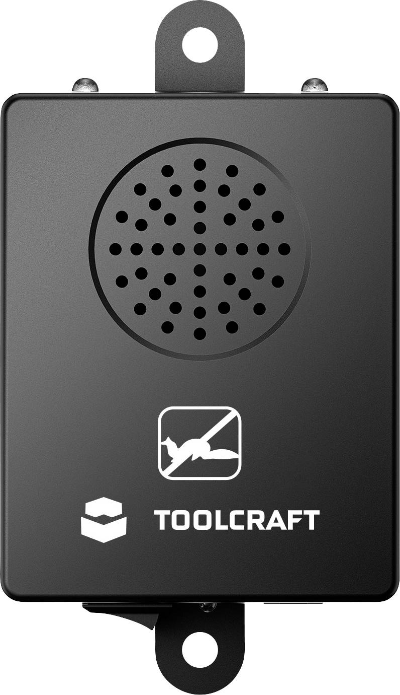 Schwarzes Toolcraft-Elektronikgerät mit gitterähnlichem Lautsprecher und Montagelaschen, Vorderansicht mit Logo und Markenname.