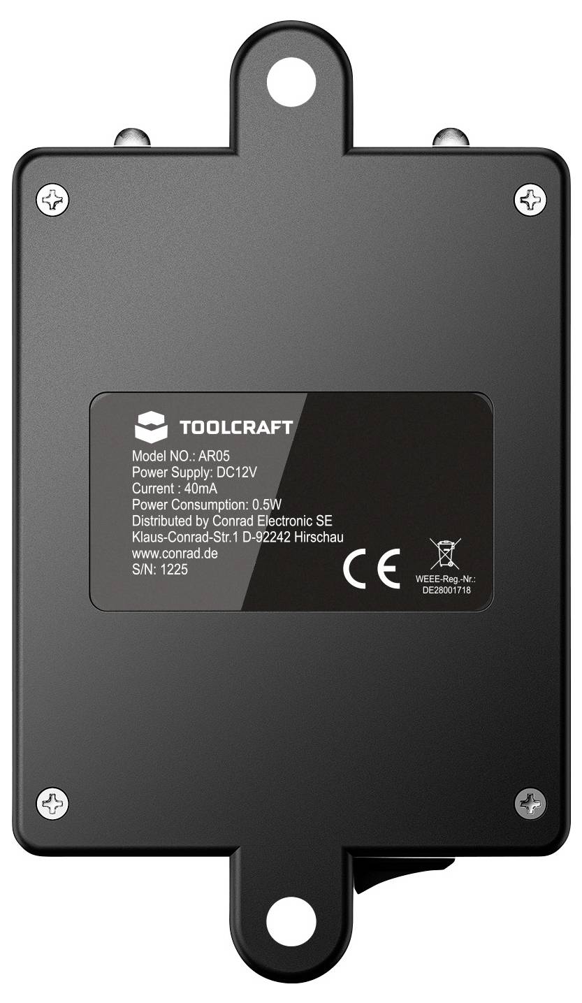 Schwarzes Toolcraft-Netzteil mit Befestigungslaschen und Etikett mit Modellbezeichnung NOR-A05, 12V DC, 40 mA, 0,5 W.