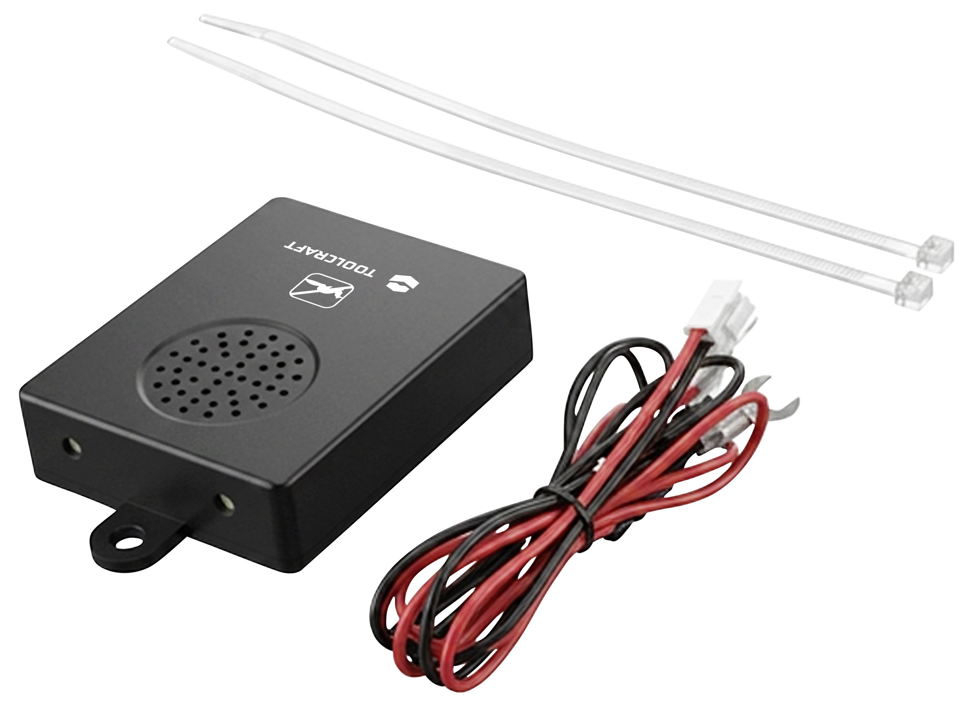 Schwarzes elektronisches Summermodul mit rot-schwarzer Verdrahtung und zwei transparenten Kabelbindern auf weißem Hintergrund.