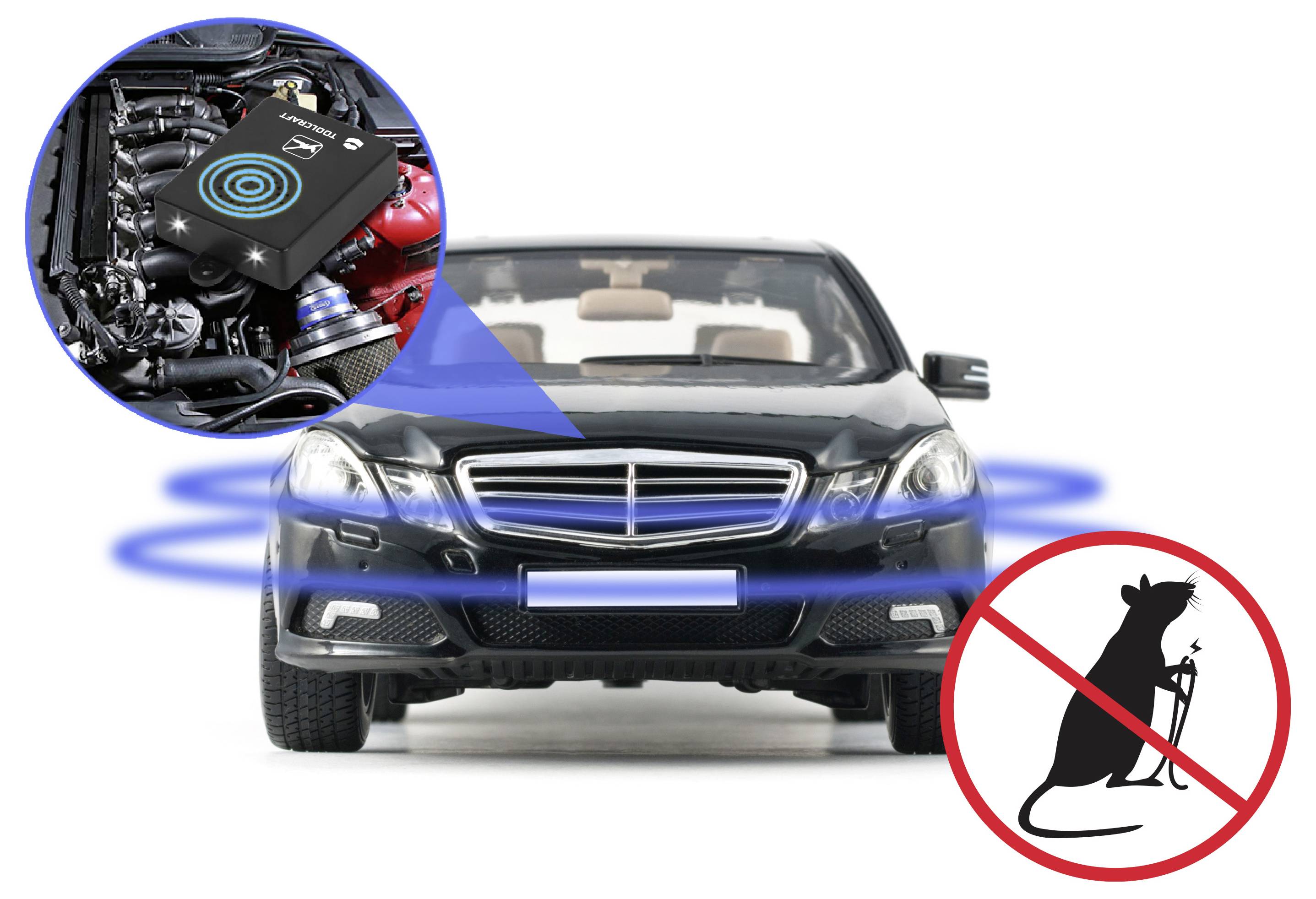 Schwarze Limousine mit hervorgehobenem Motor-Ausschnitt und einem Nagetier-Warnschild, das auf eine Nagetier-Abschreckung oder ein Schutzverfahren im Motorraum hinweist.