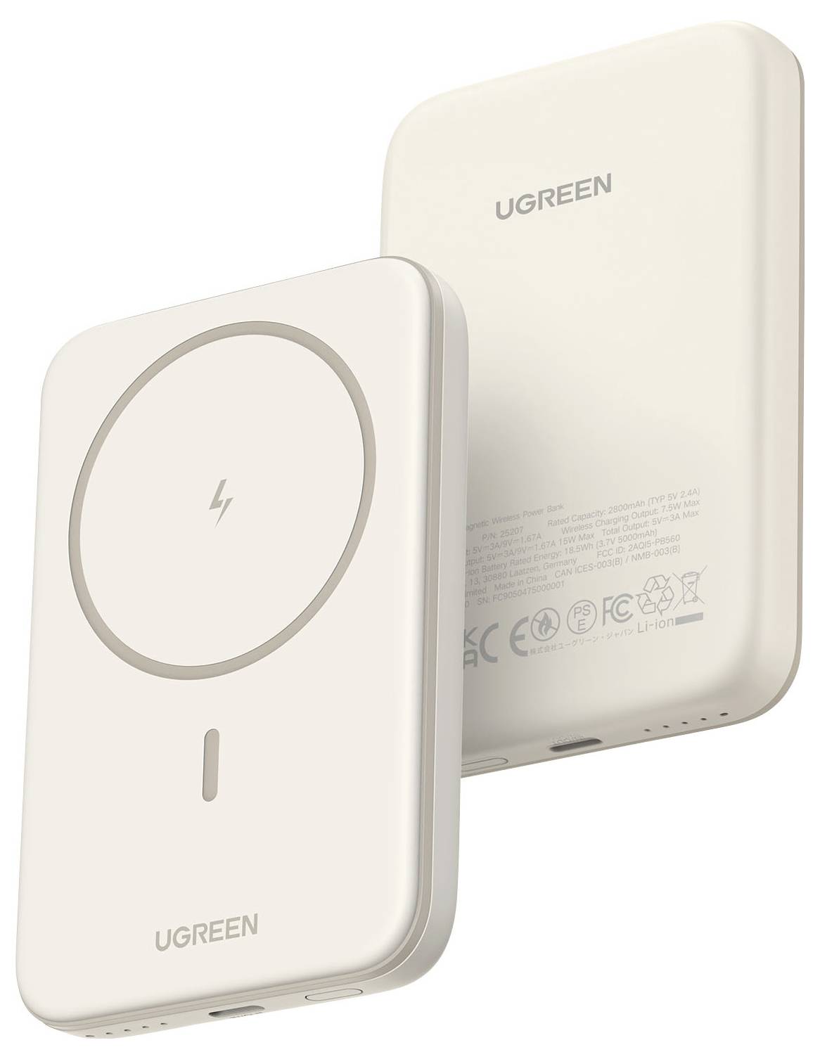 Zwei beige UGREEN kabellose Ladepowerbanken, von vorne und hinten gezeigt, mit kreisförmem Ladepad und schlankem rechteckigem Design.