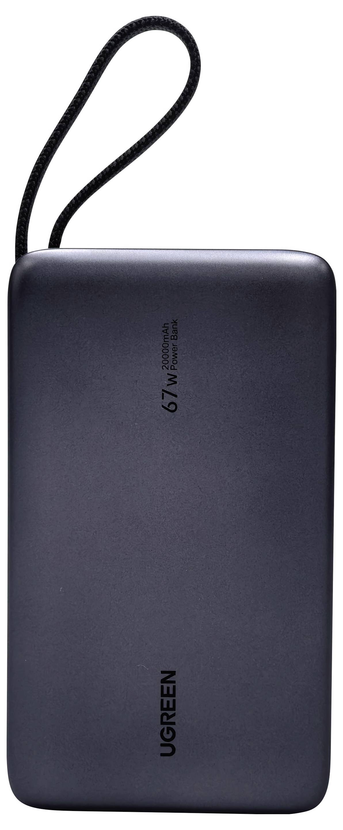 Eine schwarze UGREEN 67W tragbare Powerbank mit angebrachtem Schleifenkabel, gezeigt vor weißem Hintergrund.
