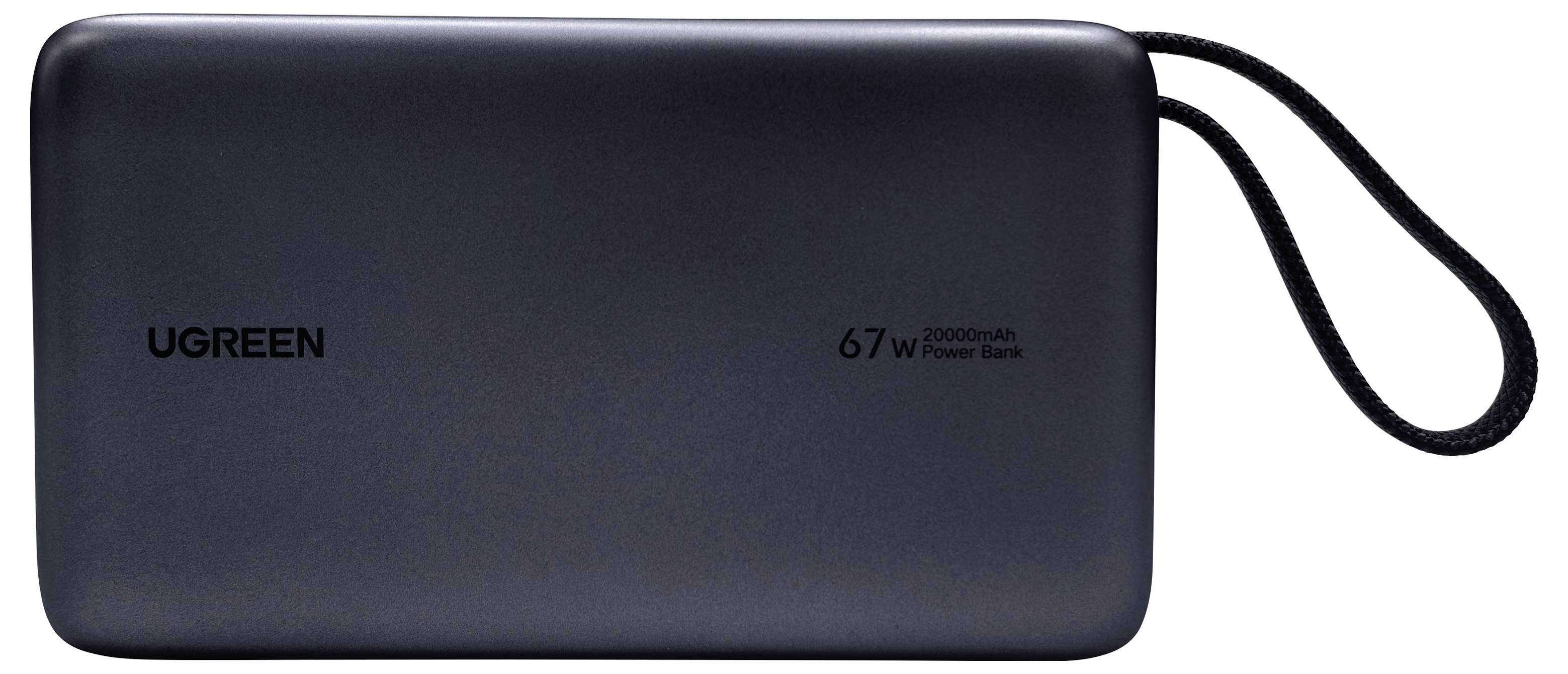 Schwarze UGREEN 67-W-Powerbank mit einer Trageöse, Vorderansicht auf weißem Hintergrund.