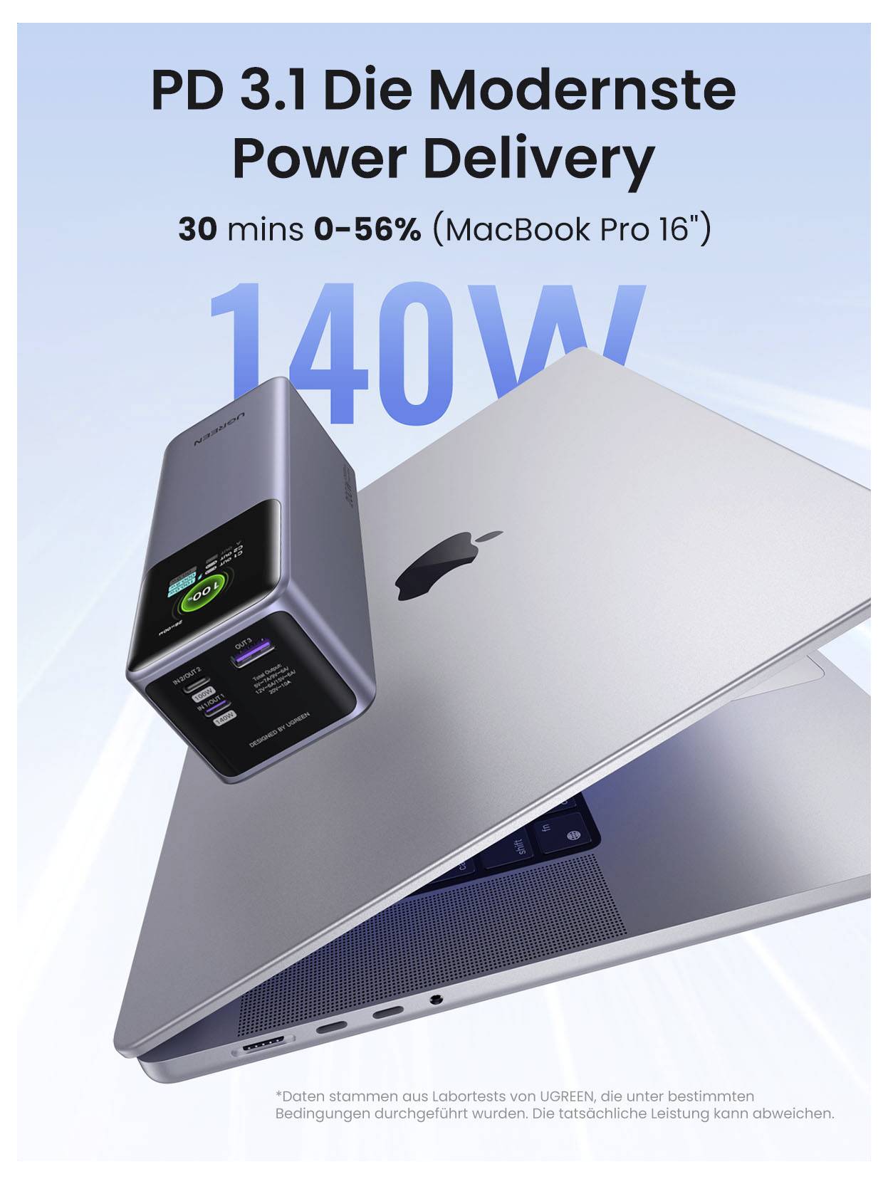 Die Anzeige zeigt ein MacBook Pro 16" beim Aufladen mit PD 3.1 Power Delivery: 140W, 30 Minuten bis 56%, wobei ein schnelles Ladegerät und ein Laptop hervorgehoben werden.