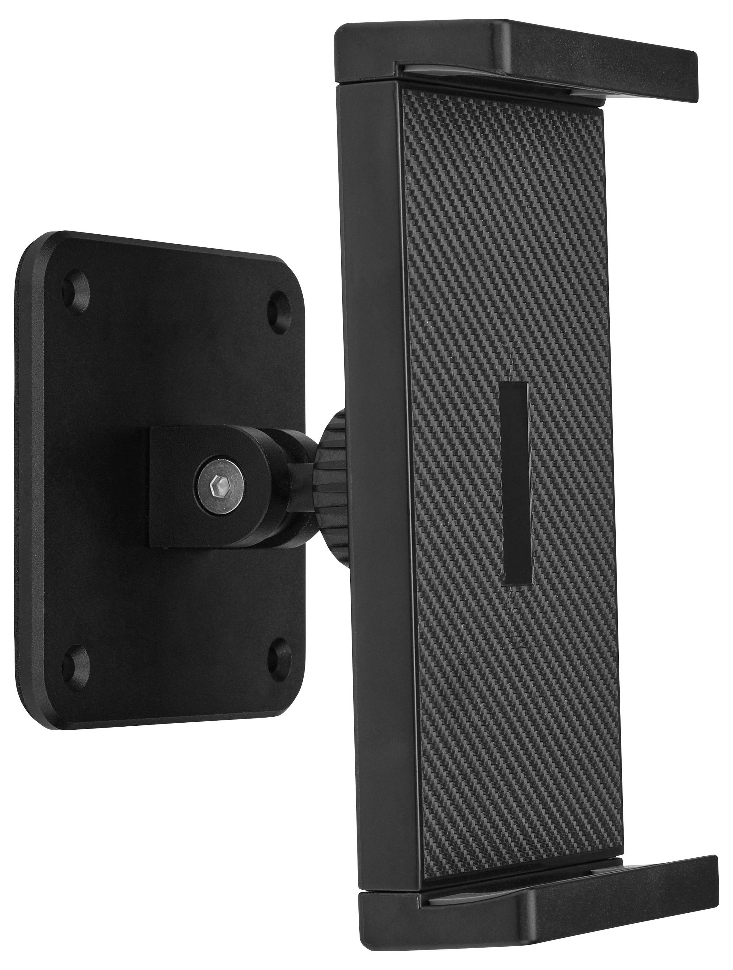 Schwarze verstellbare Wandhalterung für Telefone mit strukturiertem Griff und gelenkiger Halterung auf einer Montageplatte.