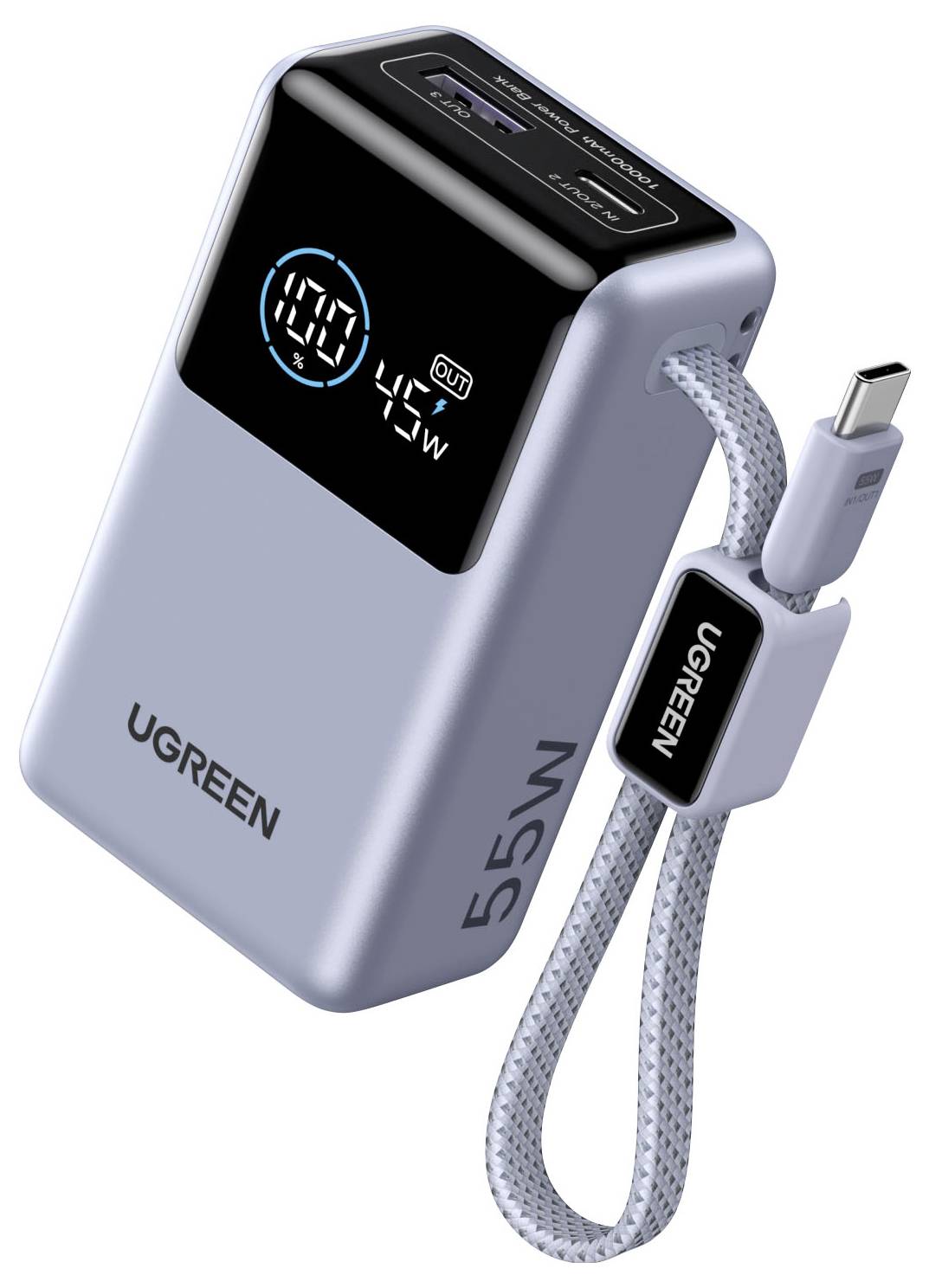 UGREEN 55W tragbare Powerbank mit digitaler Batterieanzeige und angeschlossenem USB-C-Ladekabel.