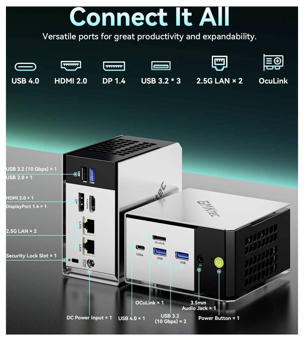 Verbinden Sie alles<br><br>USB 4.0, HDMI 2.0, DisplayPort 1.4, USB 3.2, Dual-2,5G-LAN und OcuLink.