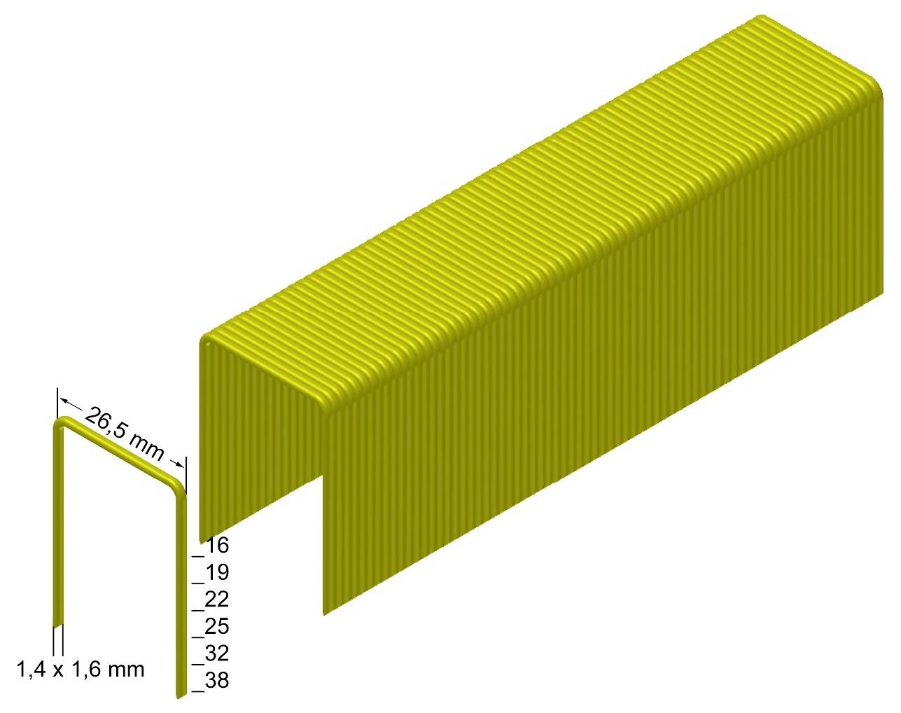 Diagramm von gelben Heftklammernstreifen: ein langer Streifen mit 1,4 x 1,6 mm Heftklammern, 26,5 mm Kronenbreite und Schenkellängen 16, 19, 22, 25, 32, 38 mm.