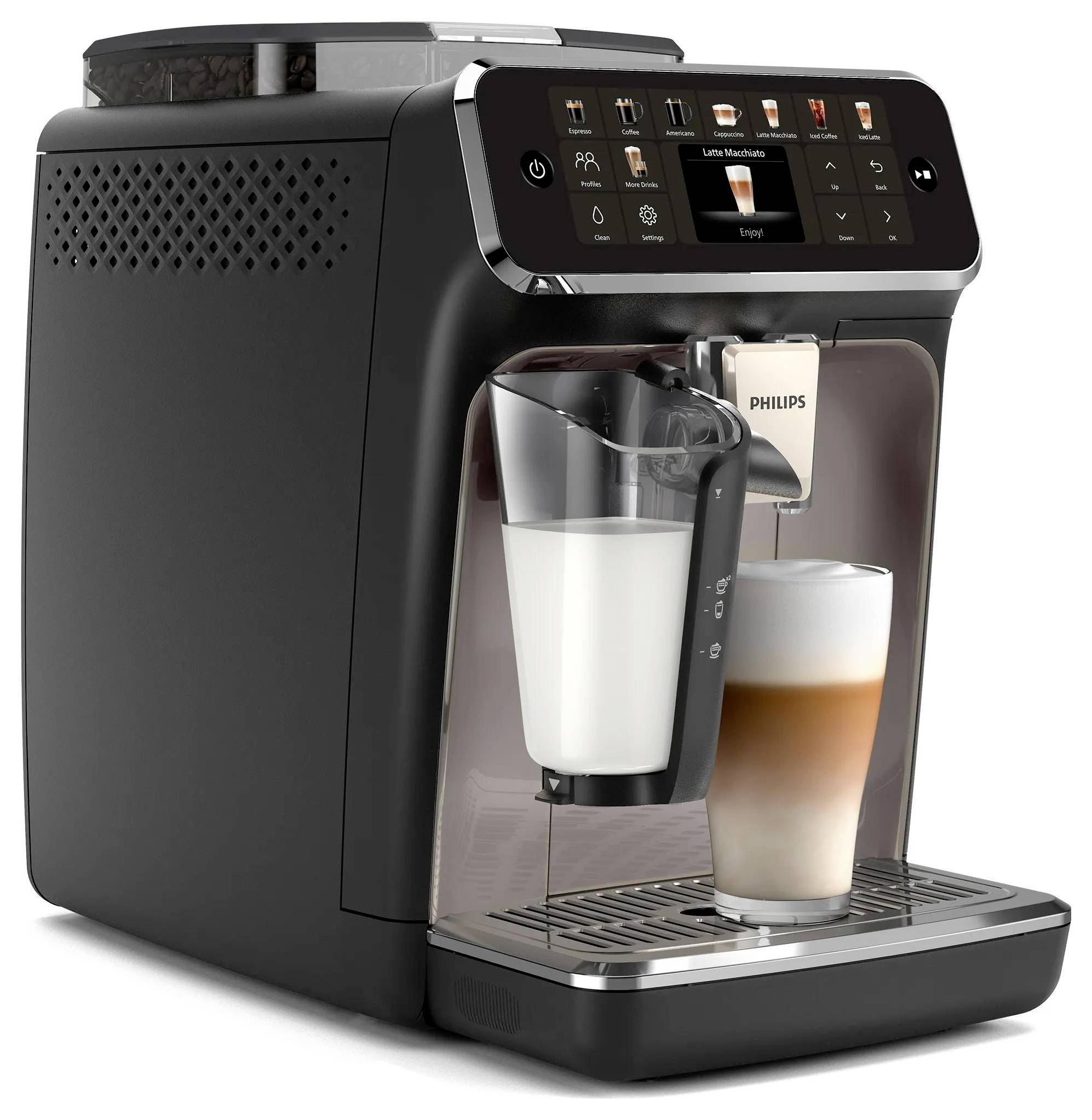 Philips Kaffeemaschine, die Milch in ein Glas und schaumigen Kaffee in ein hohes Glas auf einem Tropfblech gießt, mit Touch-Bedienelementen oben.