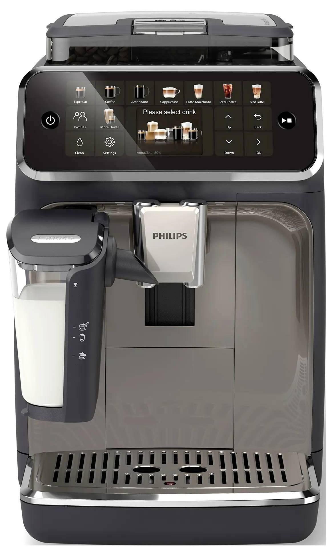 Philips Espresso-Vollautomat mit Touchscreen-Getränkeauswahl, Milchaufschäumer und vorderer Abtropfschale.
