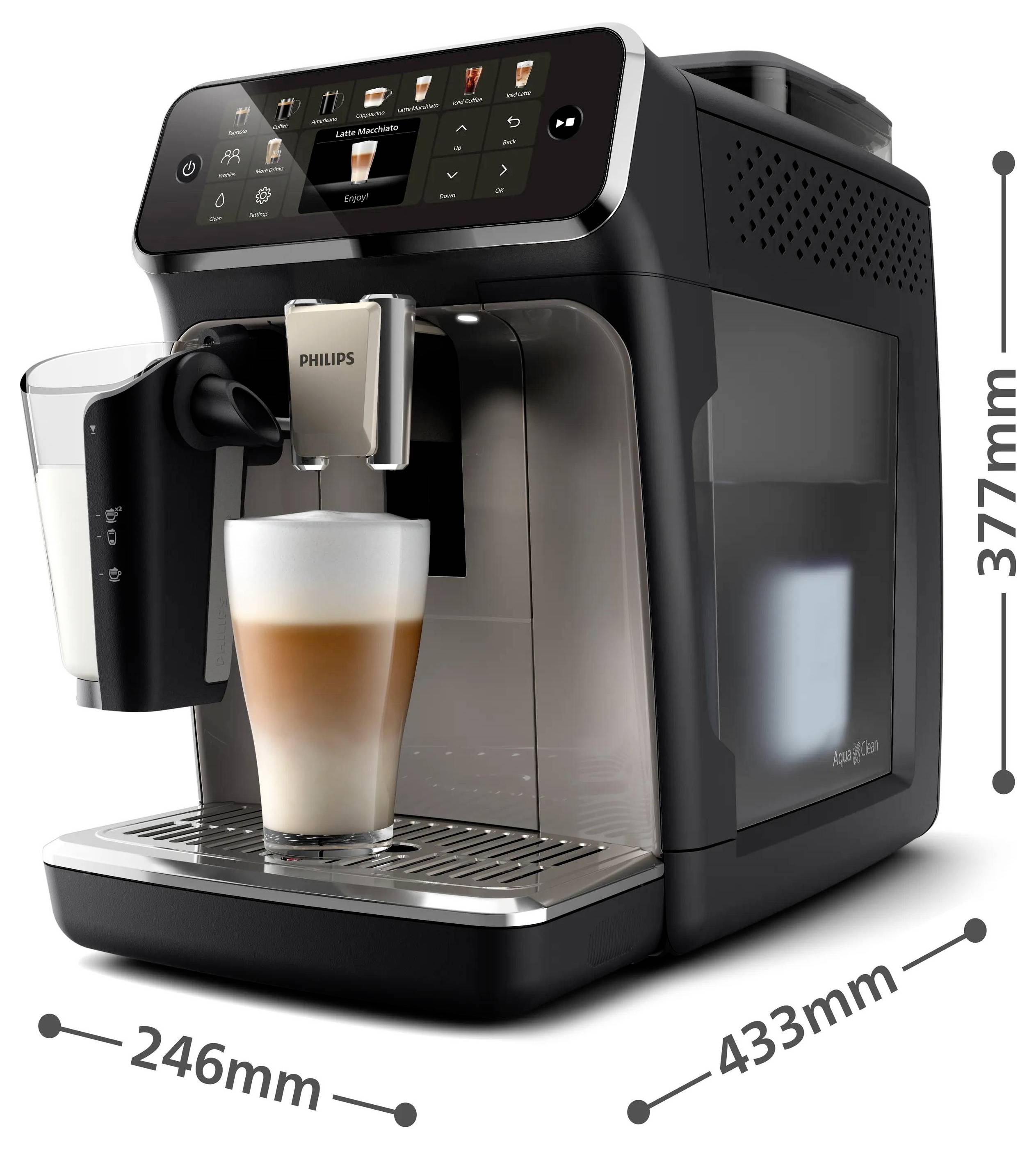 Philips vollautomatische Kaffeemaschine, die geschichteten Kaffee in ein Glas dosiert; Produkt mit den Abmessungen 246 mm Breite, 433 mm Tiefe, 377 mm Höhe dargestellt.
