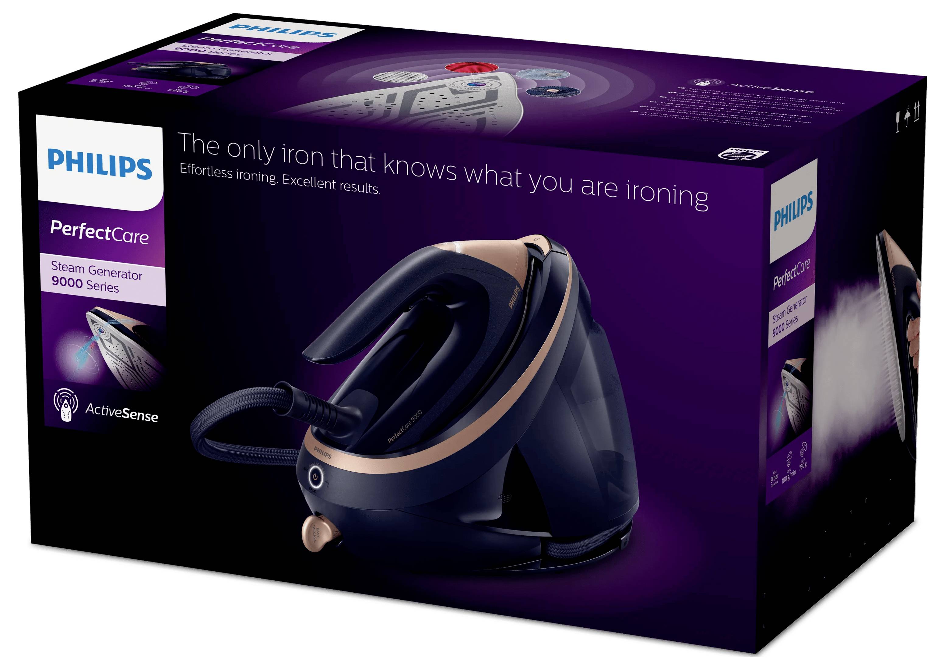 Philips PerfectCare Dampfgenerator 9000 Serie Bügeleisen Produktkarton mit einem dunkelblauem und kupferfarbenem Bügeleisen auf violettem Hintergrund mit dem Slogan „Das einzige Bügeleisen, das weiß, was du bügelst"