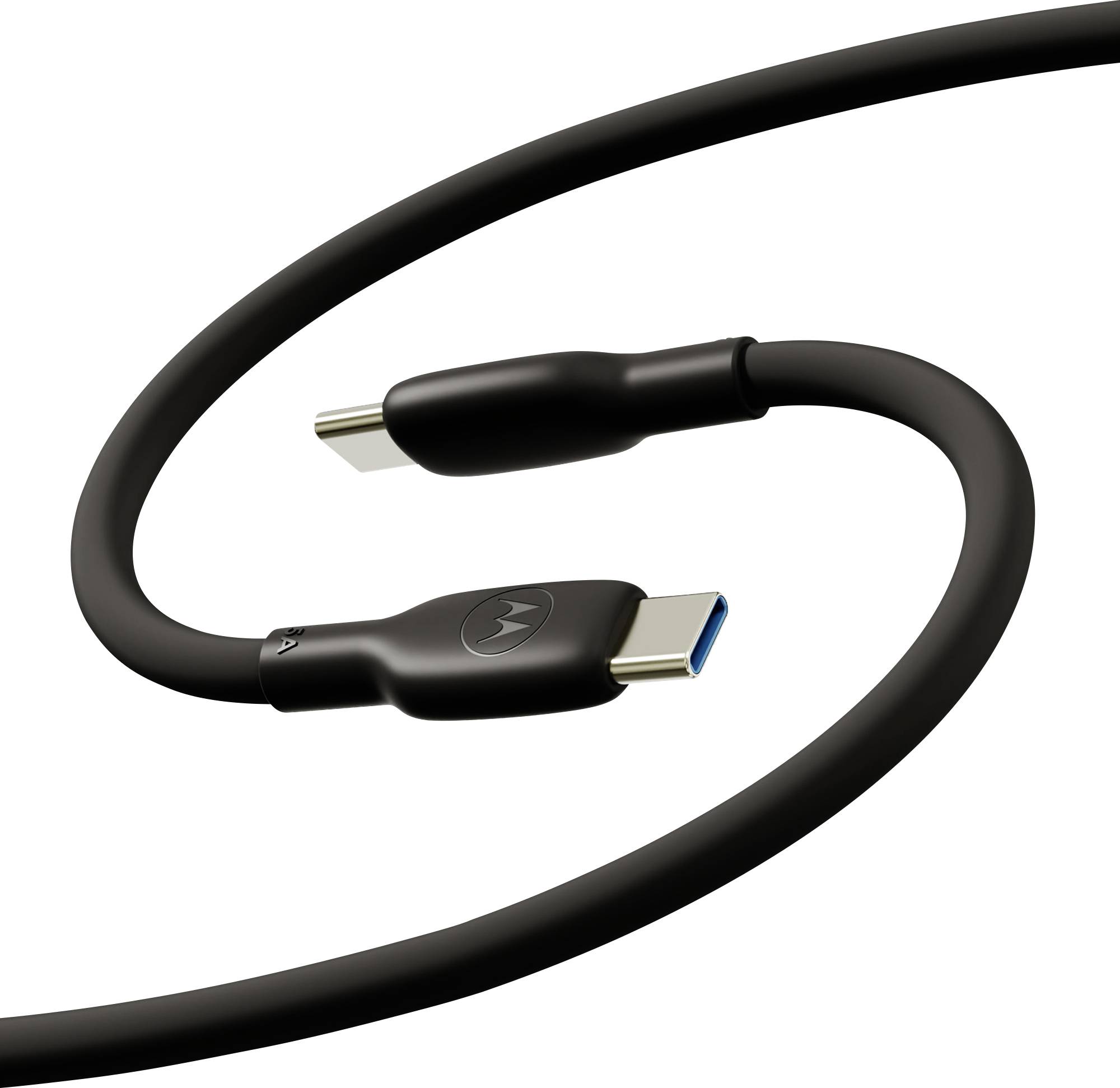 Schwarzes USB-C-Kabel mit Motorola-Logos, aufgerollt auf weißem Hintergrund dargestellt, mit einem USB-C- und einem kleineren Anschluss sichtbar.