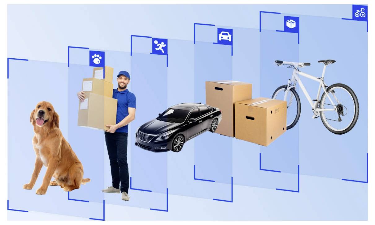 Lieferlogistik-Grafik, die einen Hund, einen Umzugshelfer mit Kartons, ein Auto, Pakete und ein Fahrrad zeigt, die nach Transportmitteln angeordnet sind und verschiedene Versandoptionen für unterschiedliche Artikeltypen suggerieren.