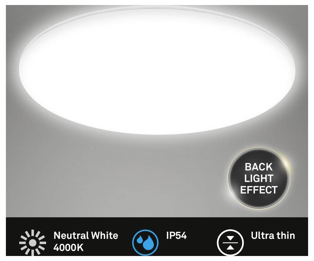 Runde ultradünne Deckenleuchte mit neutralweißem Glühen; Etiketten zeigen „Neutral White 4000K", „IP54" und „Back Light Effect".