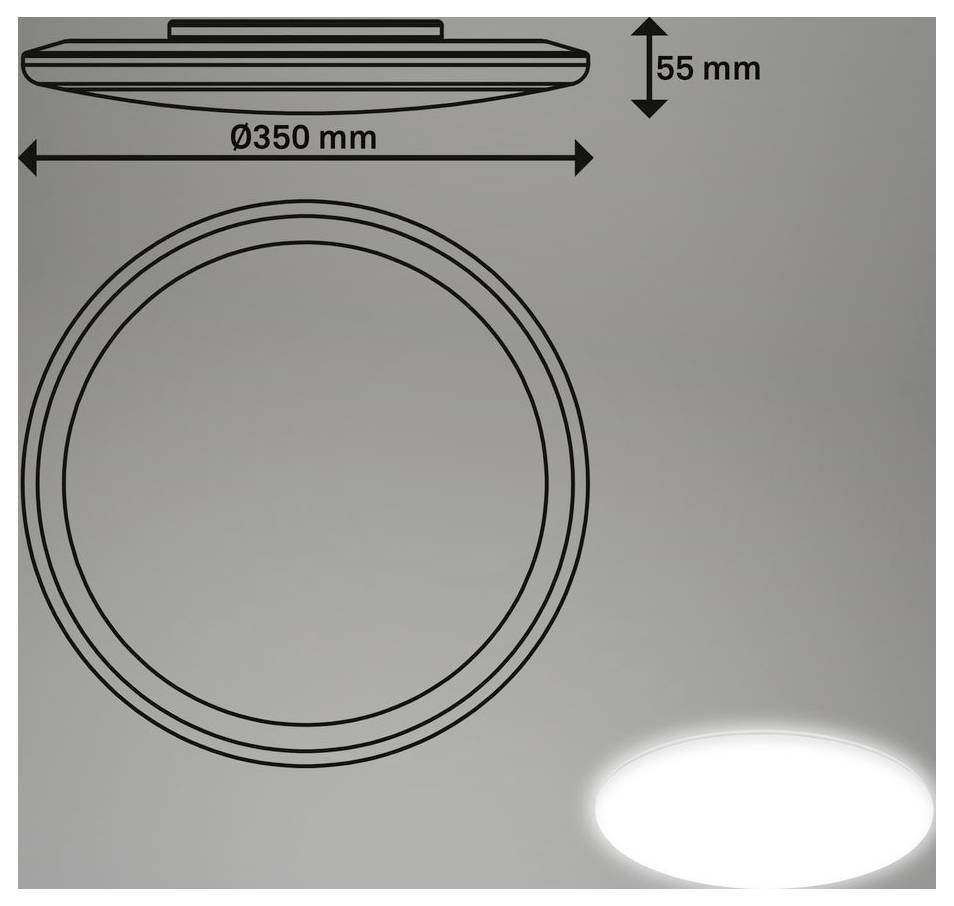 Diagramm einer runden Befestigung mit Abmessungen: 350 mm Durchmesser und 55 mm Höhe, mit Seiten- und Draufsicht.