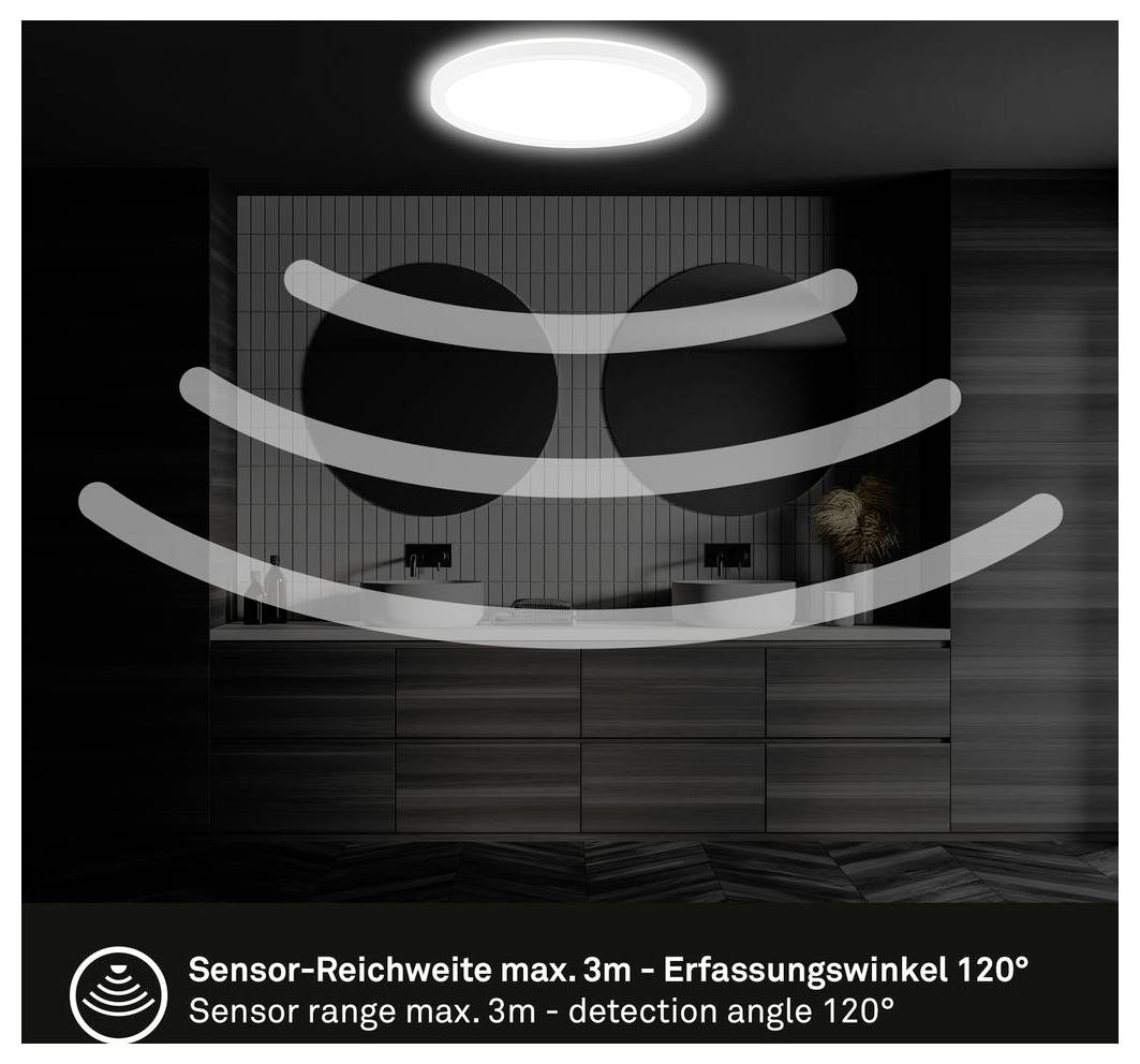 Produktgrafik, die den Erfassungsbereich einer Sensorleuchte zeigt, mit der Bezeichnung „Sensorreichweite max. 3m – Erfassungswinkel 120°", mit gekrümmten Wellenlinien, die die Abdeckung veranschaulichen.