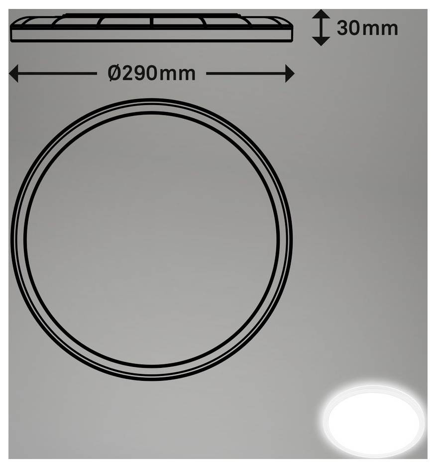 Rundes Leuchtengehäuse mit Abmessungen: 290 mm Durchmesser und 30 mm Höhe.