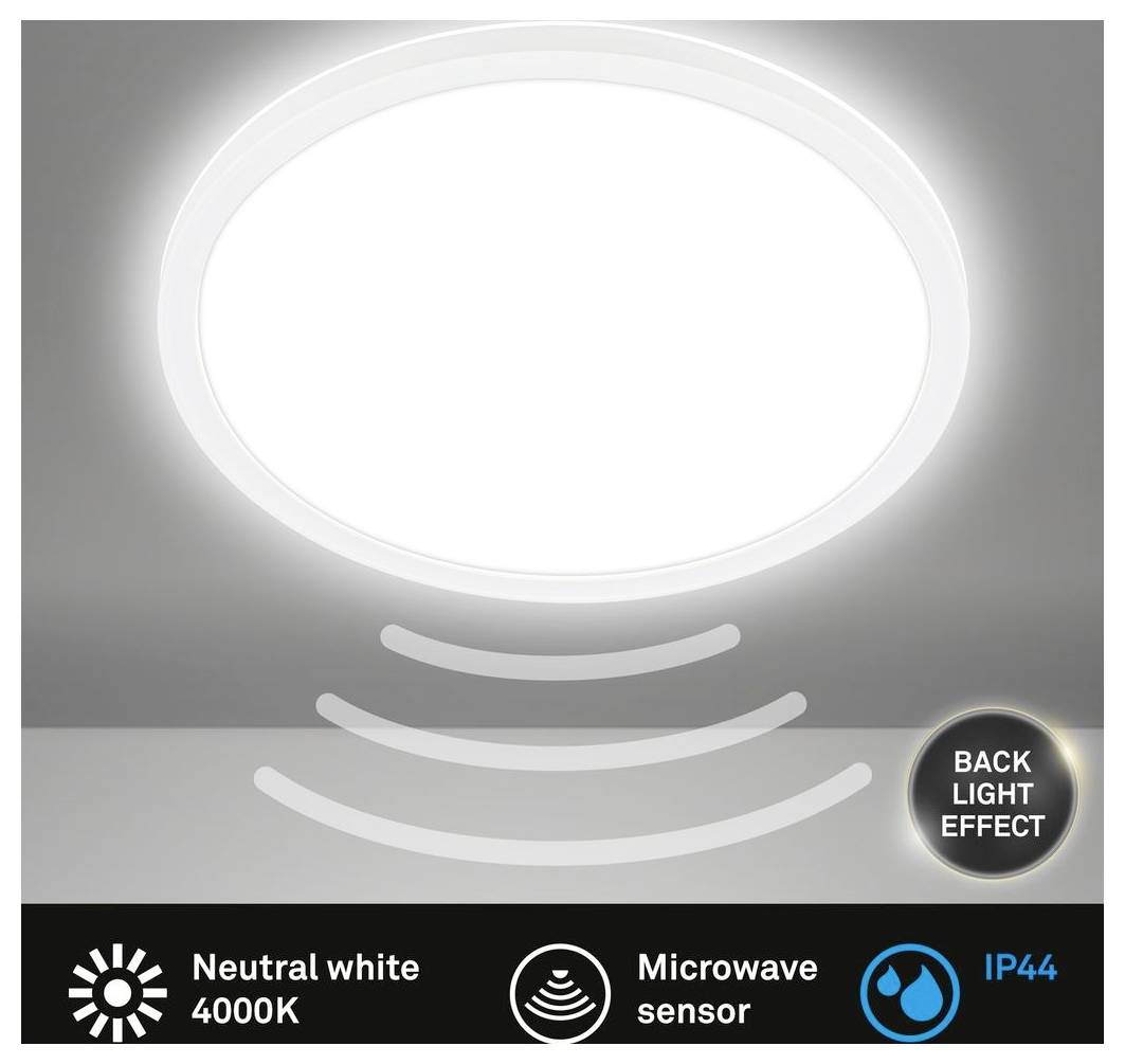 Produktgrafik einer runden Deckenleuchte mit Hintergrundbeleuchtung, neutralweiß 4000K, Mikrowellensensor und IP44 Wasserfestigkeit.