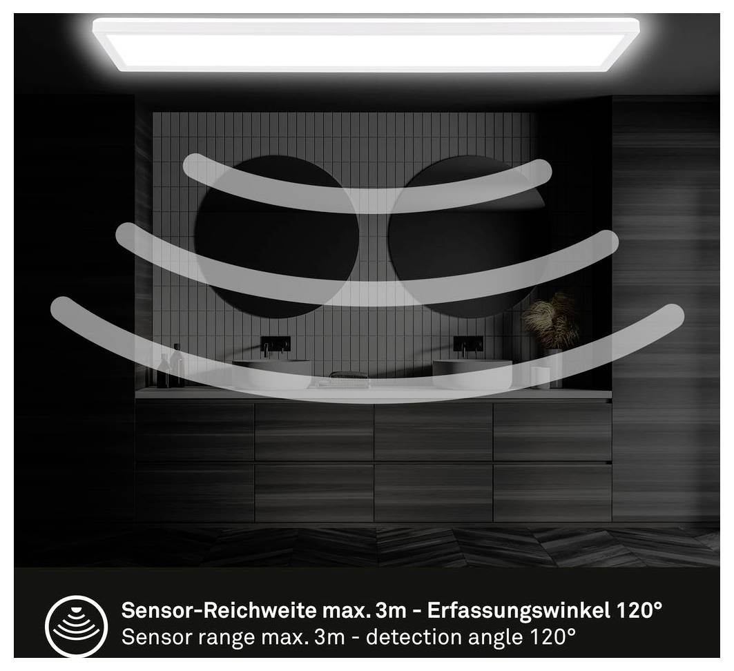 Darstellung des Erfassungsbereichs eines Bewegungsmelders mit drei gekrümmten Bögen; der Text besagt „Sensor-Reichweite max. 3m - Erfassungswinkel 120°" und „Sensor range max. 3m - detection angle 120°".
