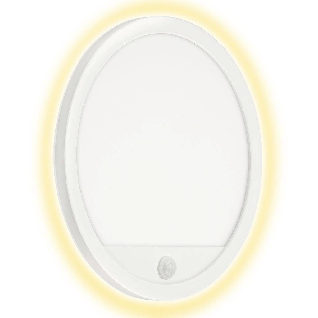 Ovales weißes LED-Wandlicht mit einem sanften gelblichen Glimmen an der Kante und einem kleinen Sensor an der Unterseite.