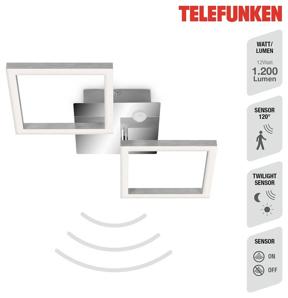 Weiße Telefunken Dual-Kopf-Außenbewegungsmelder-Sicherheitsleuchte, auf weißem Hintergrund gezeigt mit Funksignalsymbol darunter.