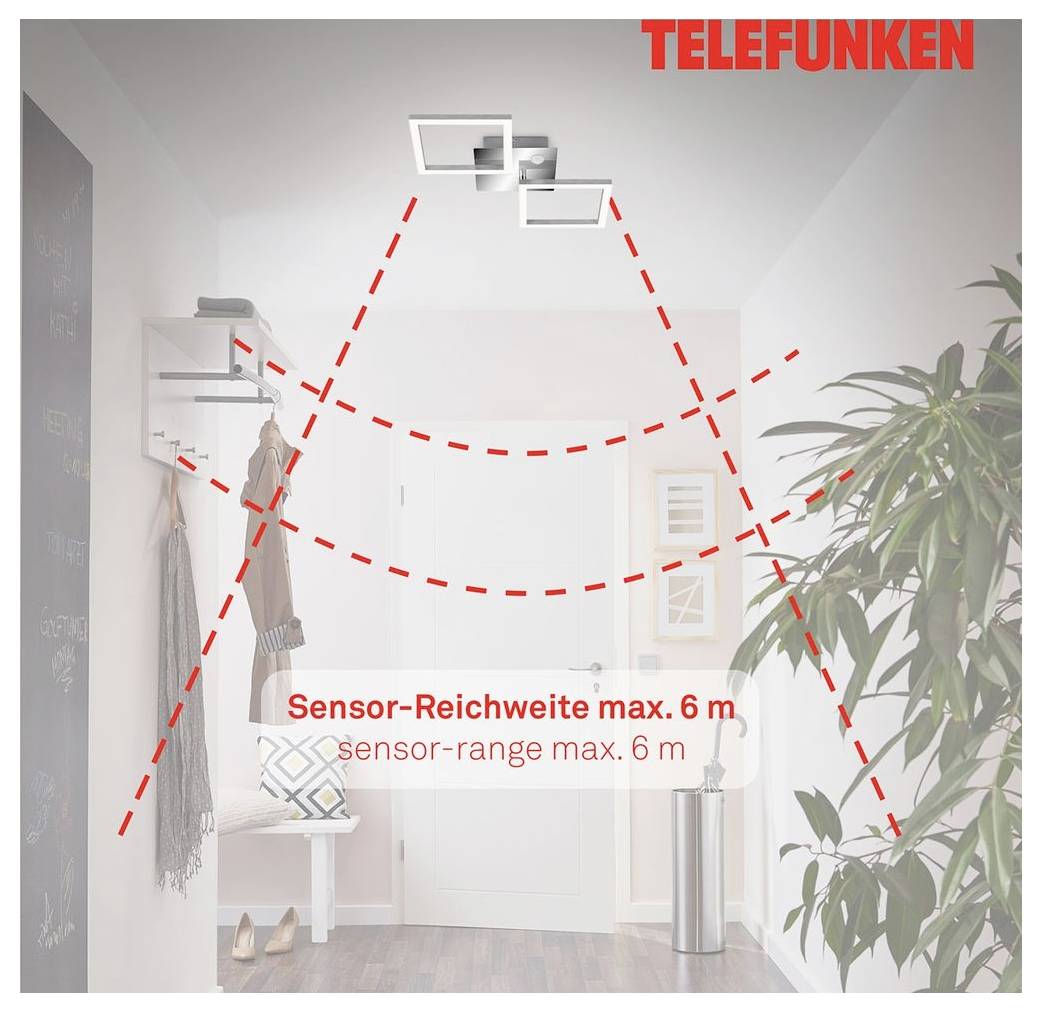 TELEFUNKEN Sensorleuchten-Erfassungsbereich-Diagramm, das die Erkennungsreichweite in einem Raum zeigt, beschriftet mit „Sensor-Reichweite max. 6 m" und „sensor-range max. 6 m".