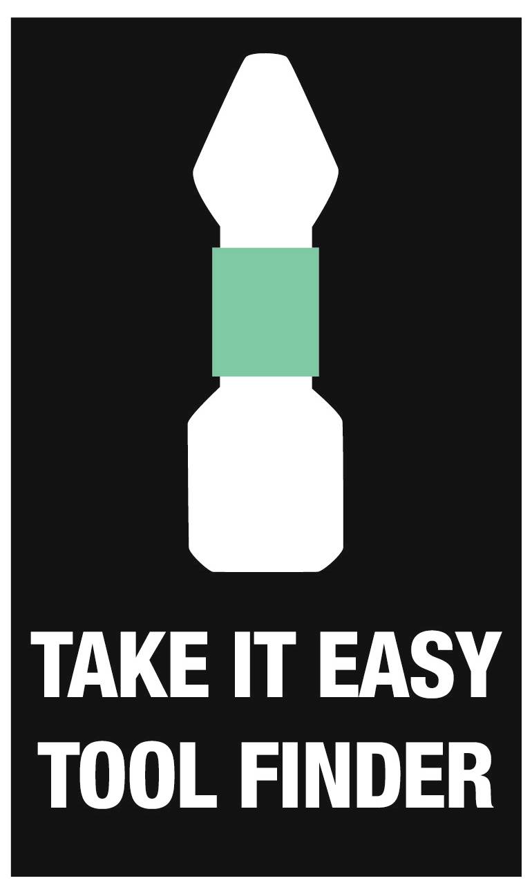Schwarzes Plakat mit einem weißen Werkzeugsymbol und einem blaugrünen Band über dem fettgedruckten Text „TAKE IT EASY TOOL FINDER".