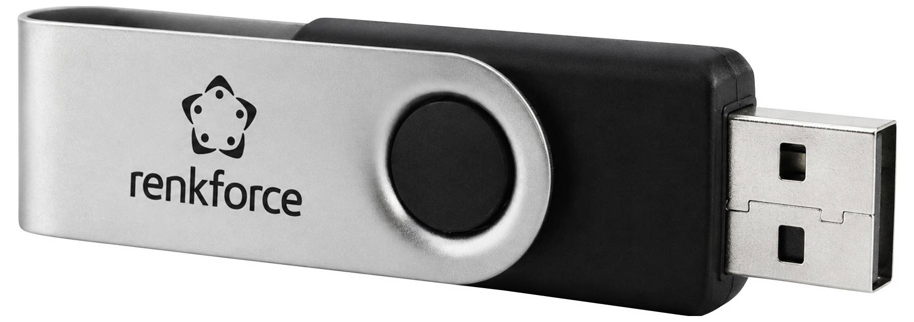 Ein silberner und schwarzer USB-Stick mit dem Logo "renkforce" auf dem Metallgehäuse und einem schwarzen Schalter in der Nähe der Mitte.